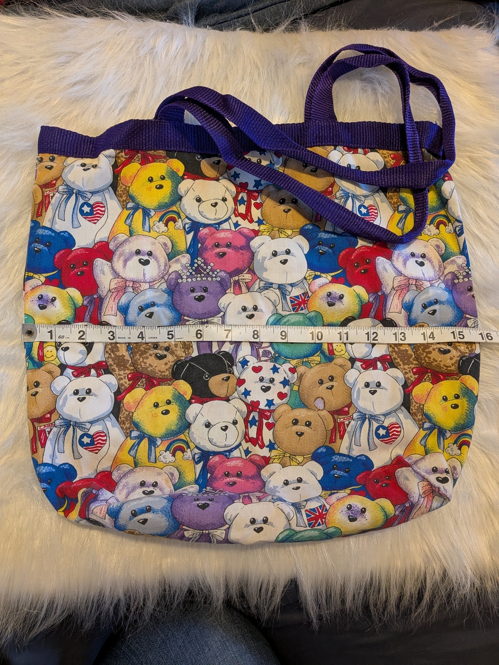 Multicolor Teddy Print Tote Bag with Purple Straps